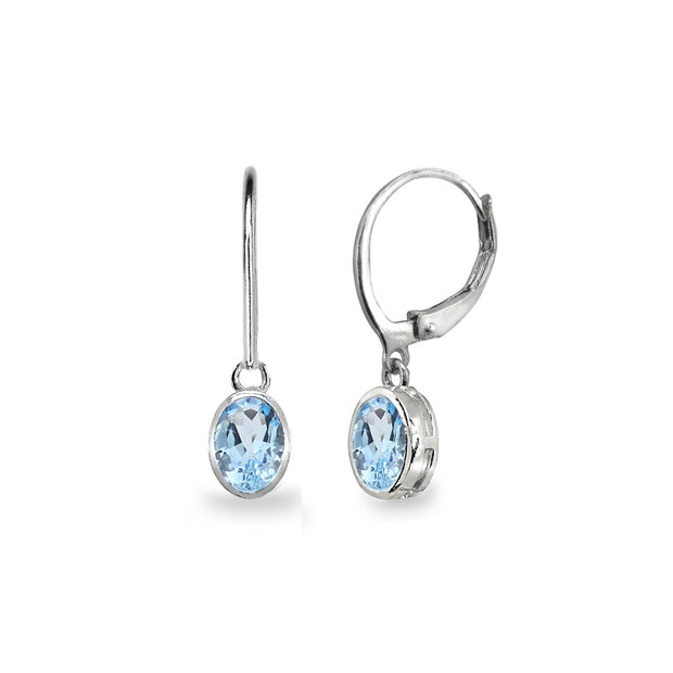 Sterling Silver Blue Topaz 7x5mm Oval-Cut Bezel-Set Dainty Dangle Leverback Earrings