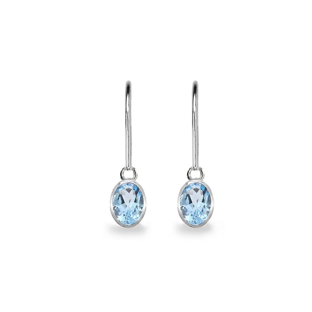Sterling Silver Blue Topaz 7x5mm Oval-Cut Bezel-Set Dainty Dangle Leverback Earrings-2