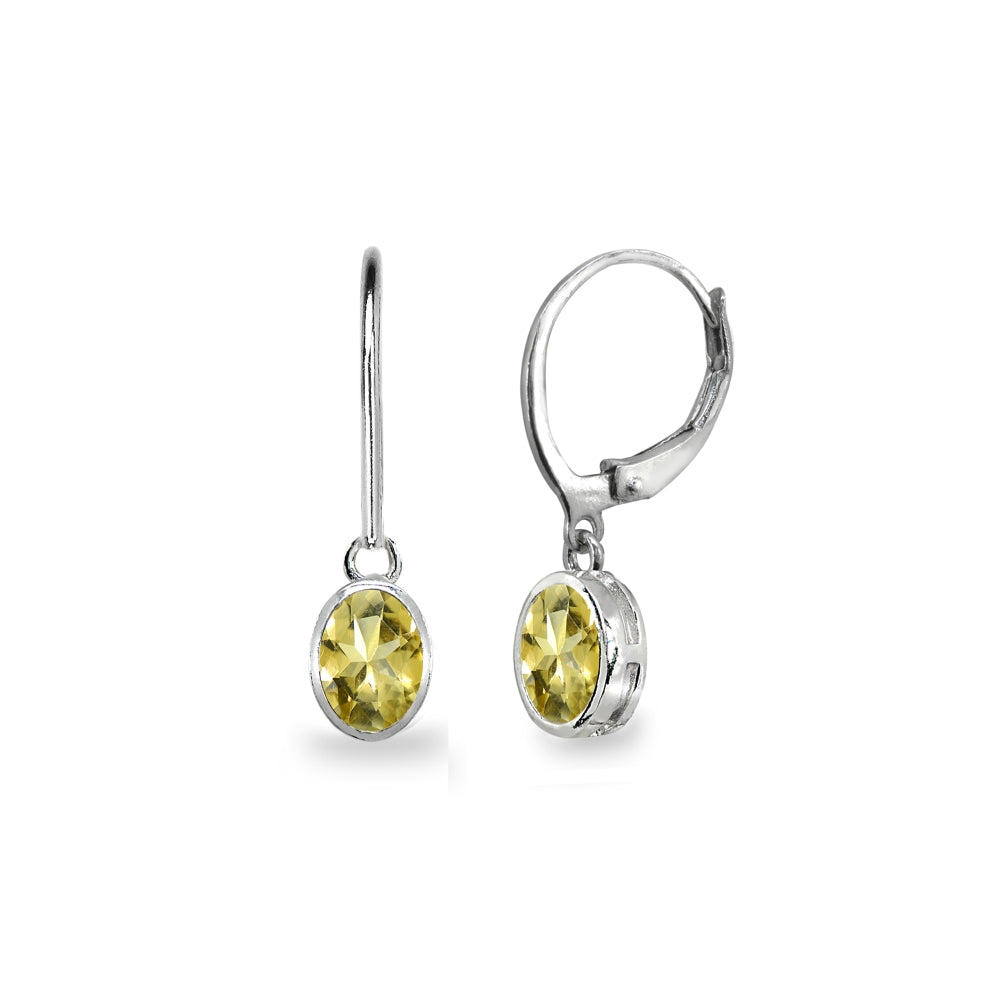 Sterling Silver Citrine 7x5mm Oval-Cut Bezel-Set Dainty Dangle Leverback Earrings