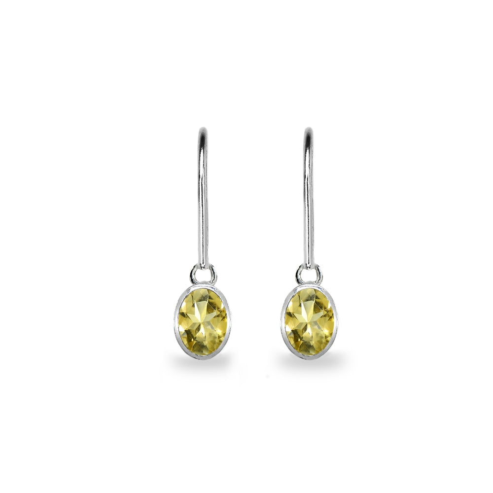 Sterling Silver Citrine 7x5mm Oval-Cut Bezel-Set Dainty Dangle Leverback Earrings-2