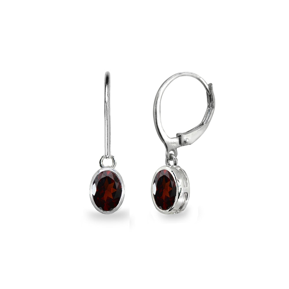 Sterling Silver Garnet 7x5mm Oval-Cut Bezel-Set Dainty Dangle Leverback Earrings