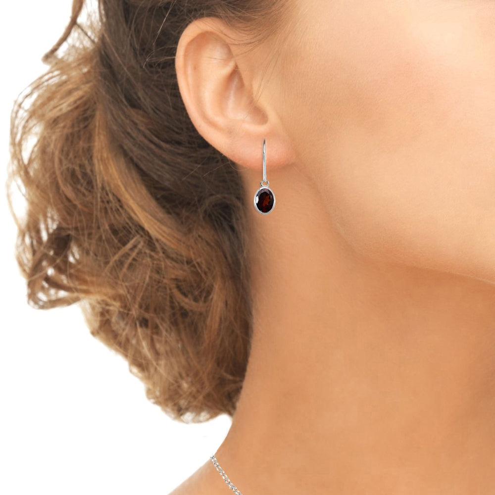 Sterling Silver Garnet 7x5mm Oval-Cut Bezel-Set Dainty Dangle Leverback Earrings-3