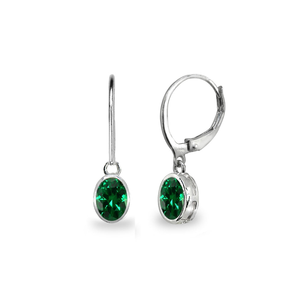 Sterling Silver Simulated Emerald 7x5mm Oval-Cut Bezel-Set Dainty Dangle Leverback Earrings