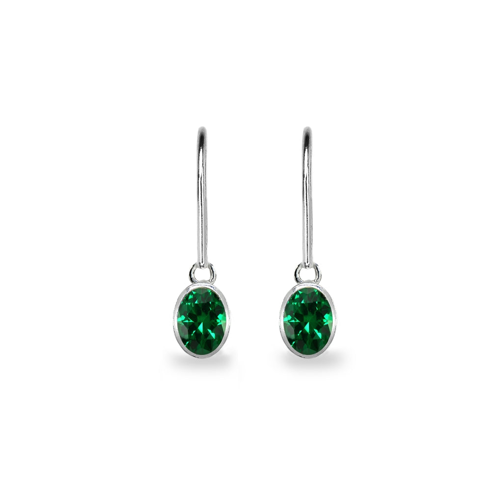 Sterling Silver Simulated Emerald 7x5mm Oval-Cut Bezel-Set Dainty Dangle Leverback Earrings-2