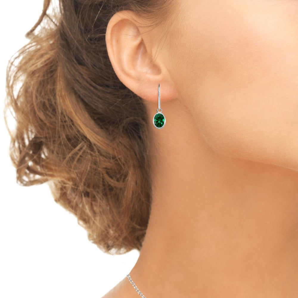 Sterling Silver Simulated Emerald 7x5mm Oval-Cut Bezel-Set Dainty Dangle Leverback Earrings-3