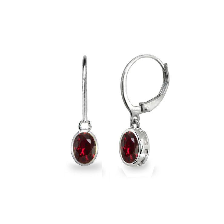 Sterling Silver Created Ruby 7x5mm Oval-Cut Bezel-Set Dainty Dangle Leverback Earrings