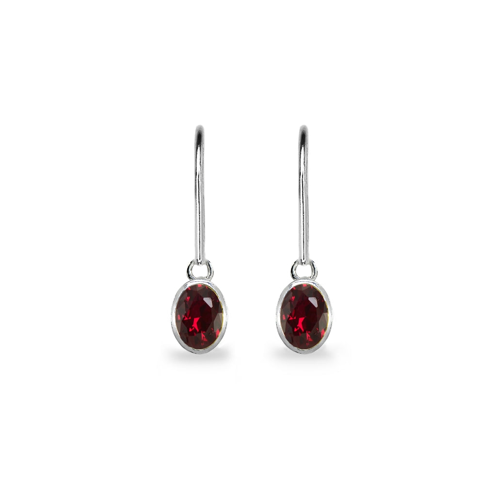 Sterling Silver Created Ruby 7x5mm Oval-Cut Bezel-Set Dainty Dangle Leverback Earrings-2