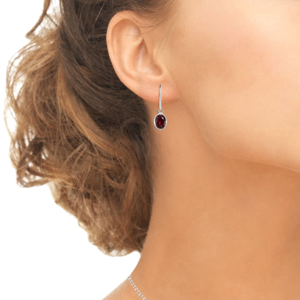 Sterling Silver Created Ruby 7x5mm Oval-Cut Bezel-Set Dainty Dangle Leverback Earrings-3
