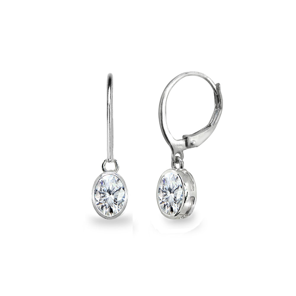 Sterling Silver Cubic Zirconia 7x5mm Oval-Cut Bezel-Set Dainty Dangle Leverback Earrings
