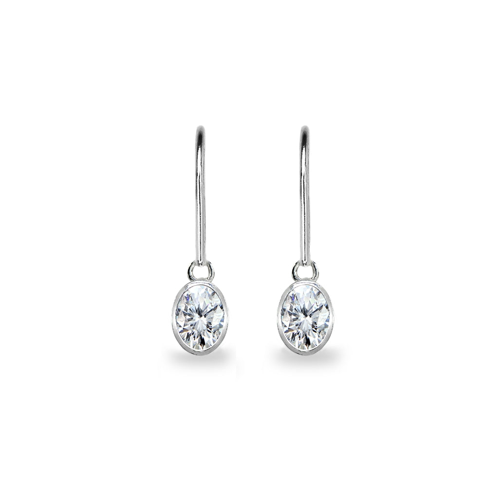 Sterling Silver Cubic Zirconia 7x5mm Oval-Cut Bezel-Set Dainty Dangle Leverback Earrings-2