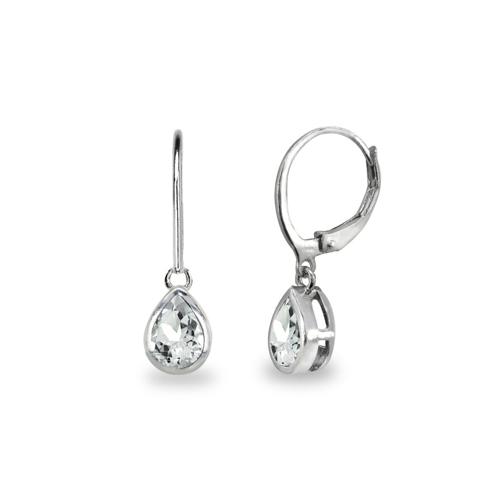 Sterling Silver Light Aquamarine 7x5mm Teardrop Bezel-Set Dainty Dangle Leverback Earrings