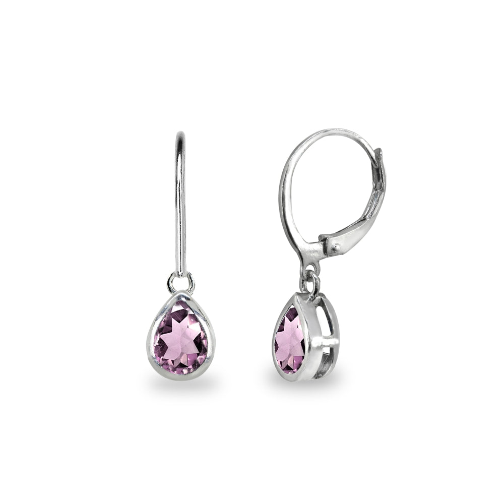 Sterling Silver Created Alexandrite 7x5mm Teardrop Bezel-Set Dainty Dangle Leverback Earrings