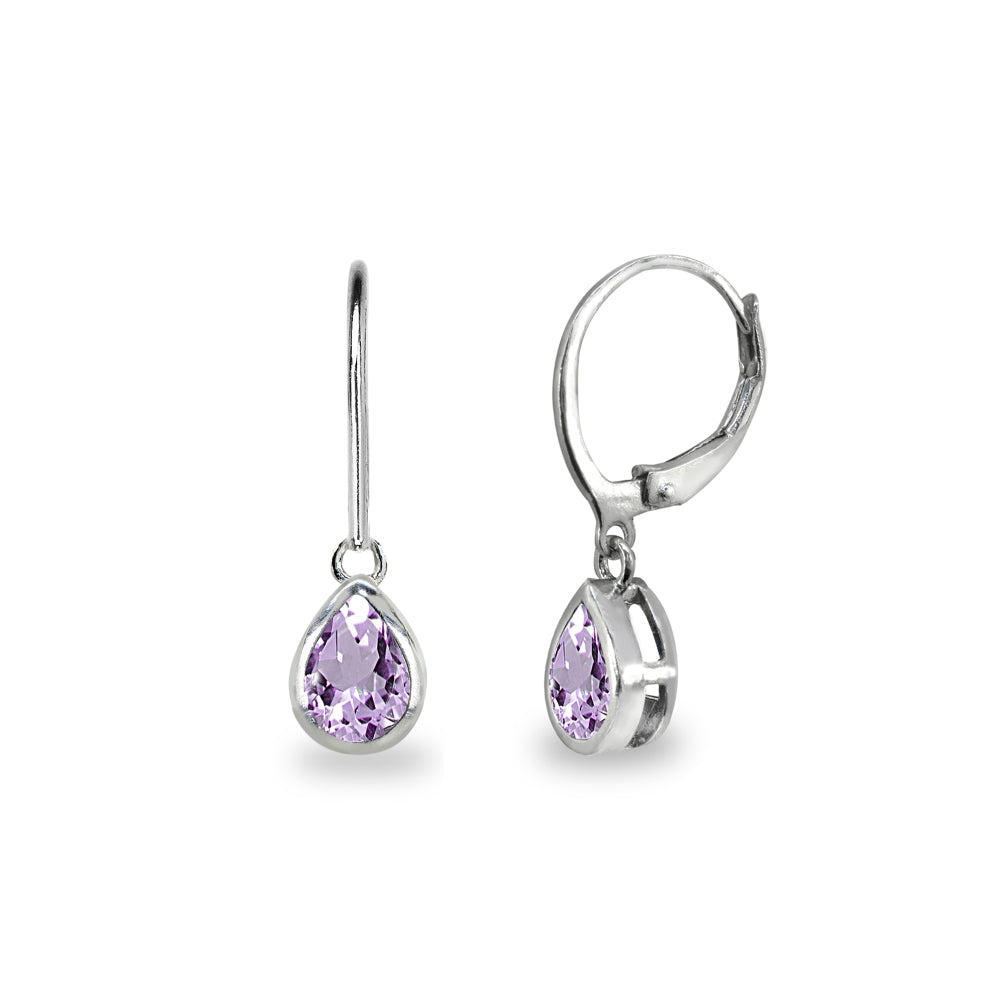 Sterling Silver Amethyst 7x5mm Teardrop Bezel-Set Dainty Dangle Leverback Earrings