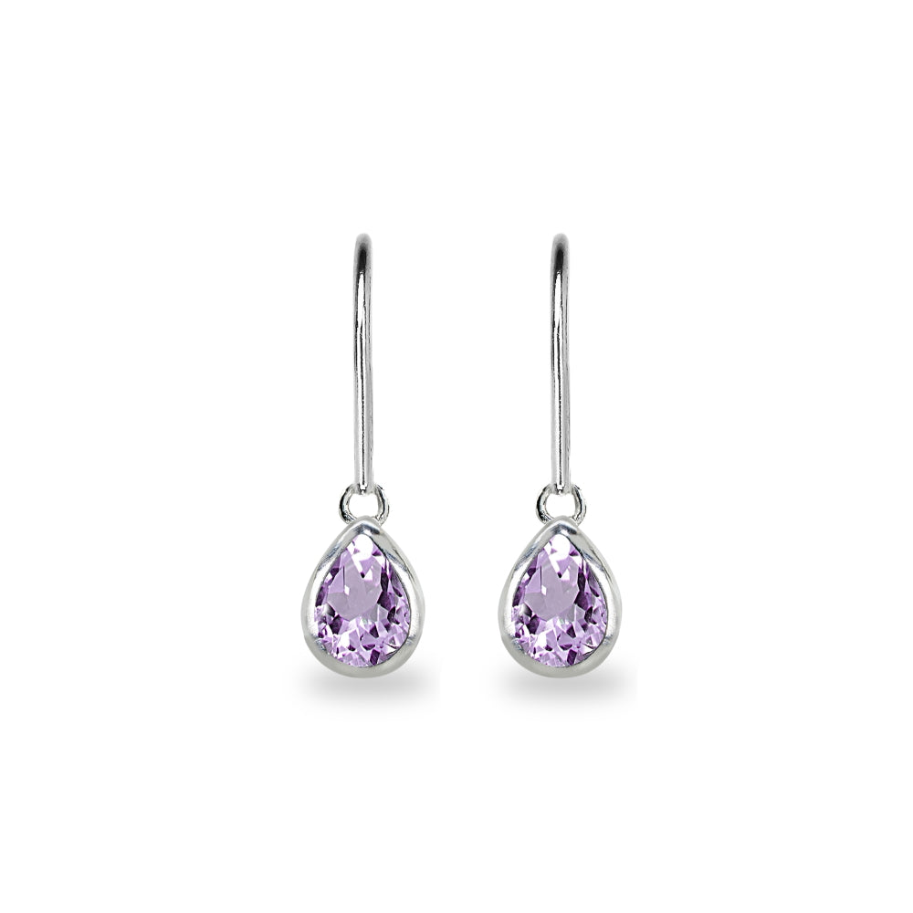 Sterling Silver Amethyst 7x5mm Teardrop Bezel-Set Dainty Dangle Leverback Earrings-2