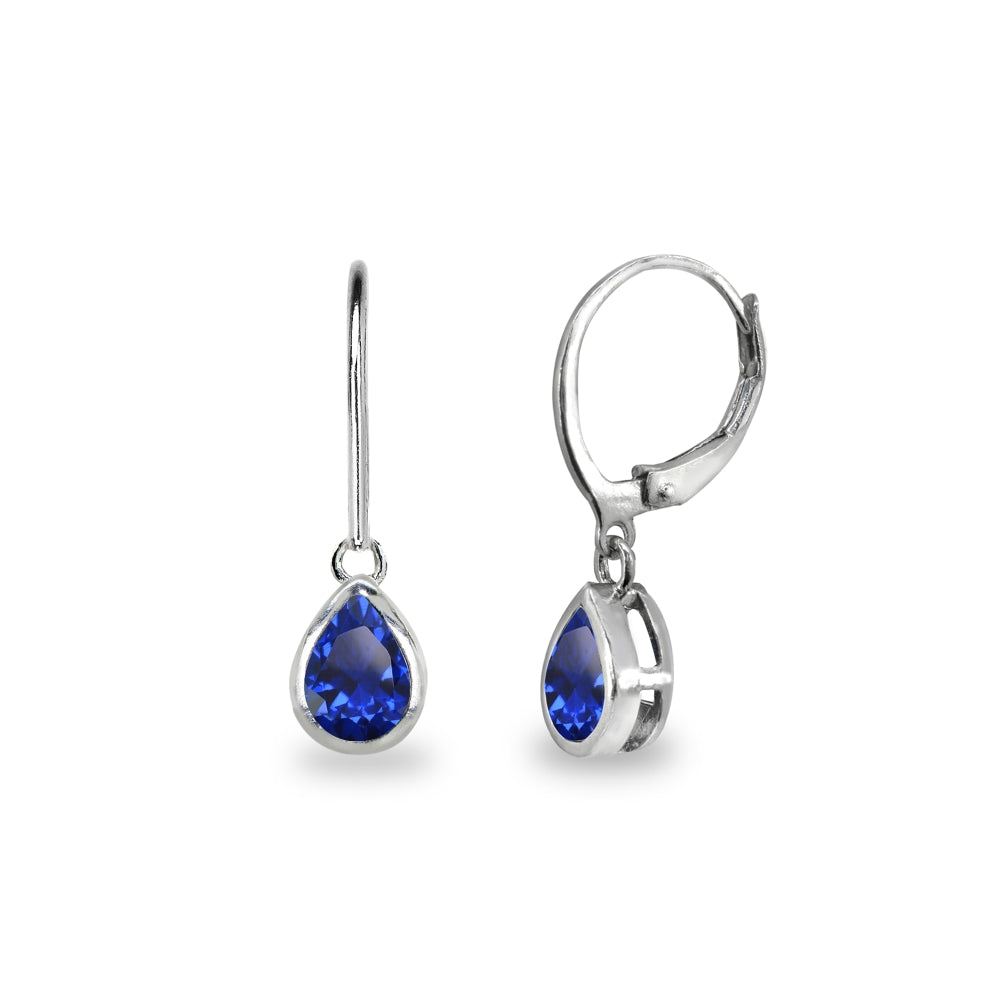 Sterling Silver Created Blue Sapphire 7x5mm Teardrop Bezel-Set Dainty Dangle Leverback Earrings