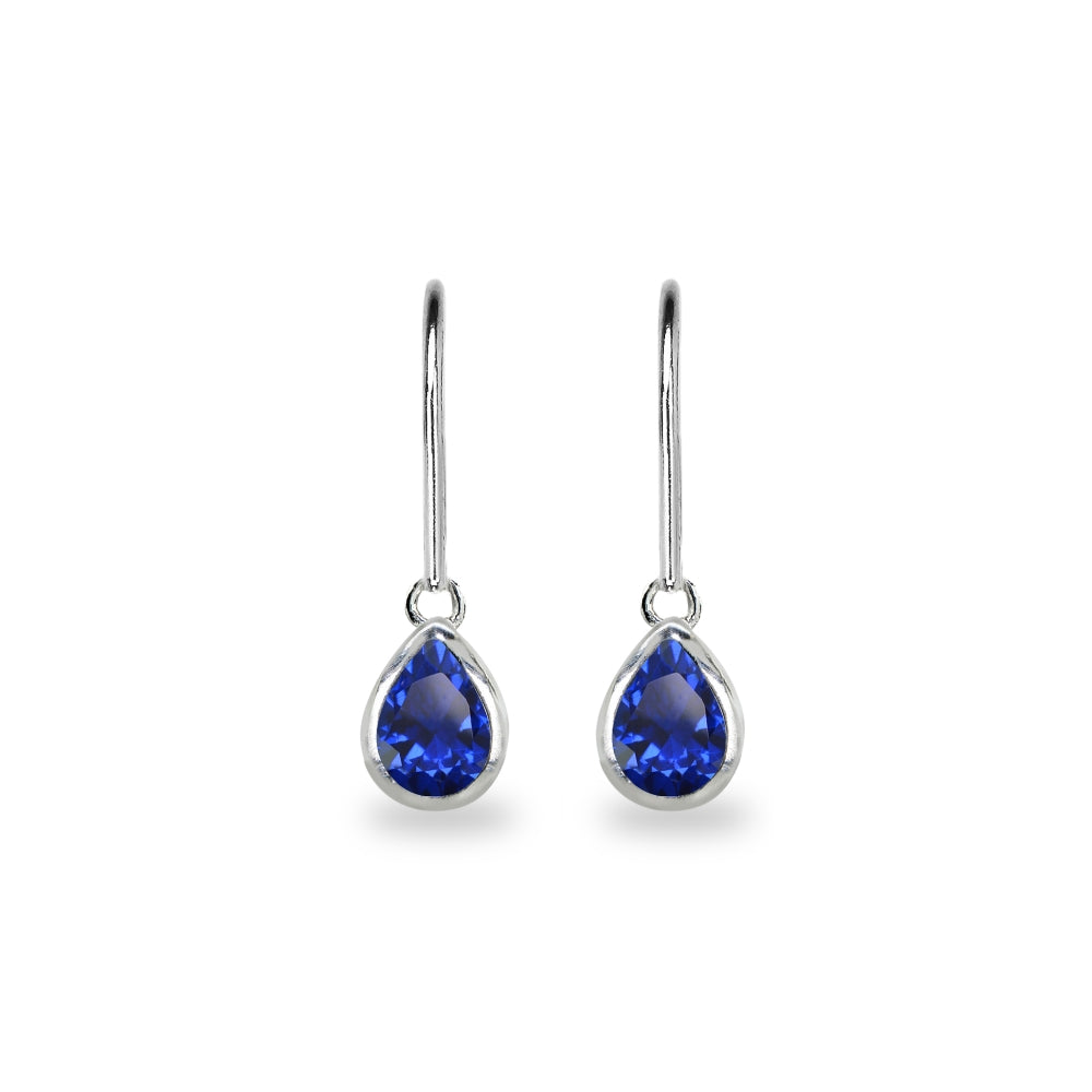 Sterling Silver Created Blue Sapphire 7x5mm Teardrop Bezel-Set Dainty Dangle Leverback Earrings-2