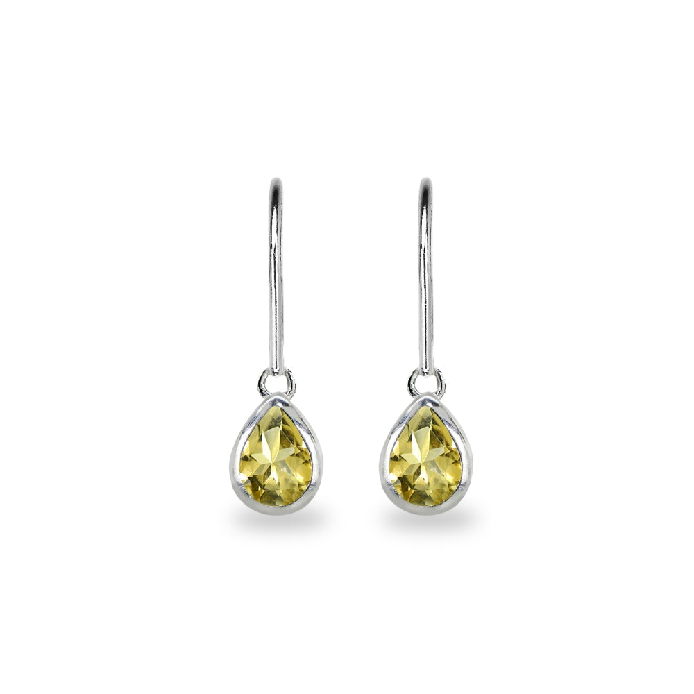 Sterling Silver Citrine 7x5mm Teardrop Bezel-Set Dainty Dangle Leverback Earrings-2