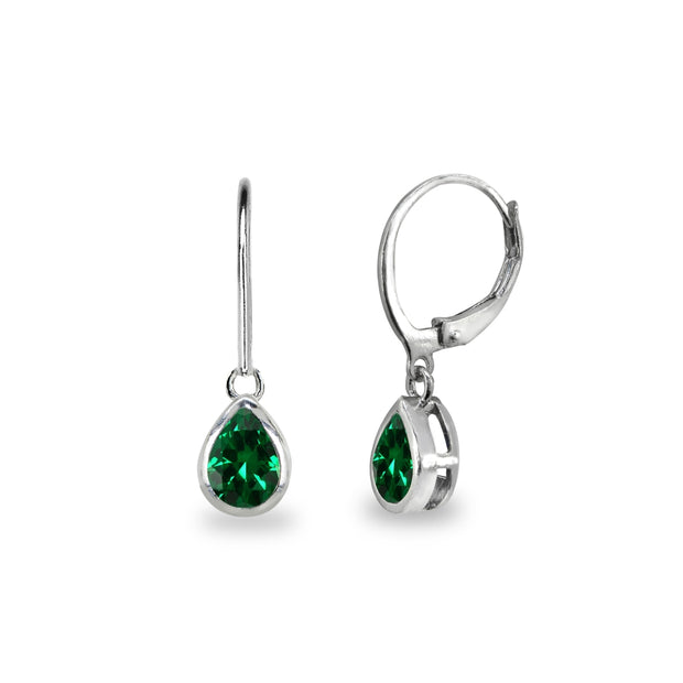 Sterling Silver Simulated Emerald 7x5mm Teardrop Bezel-Set Dainty Dangle Leverback Earrings
