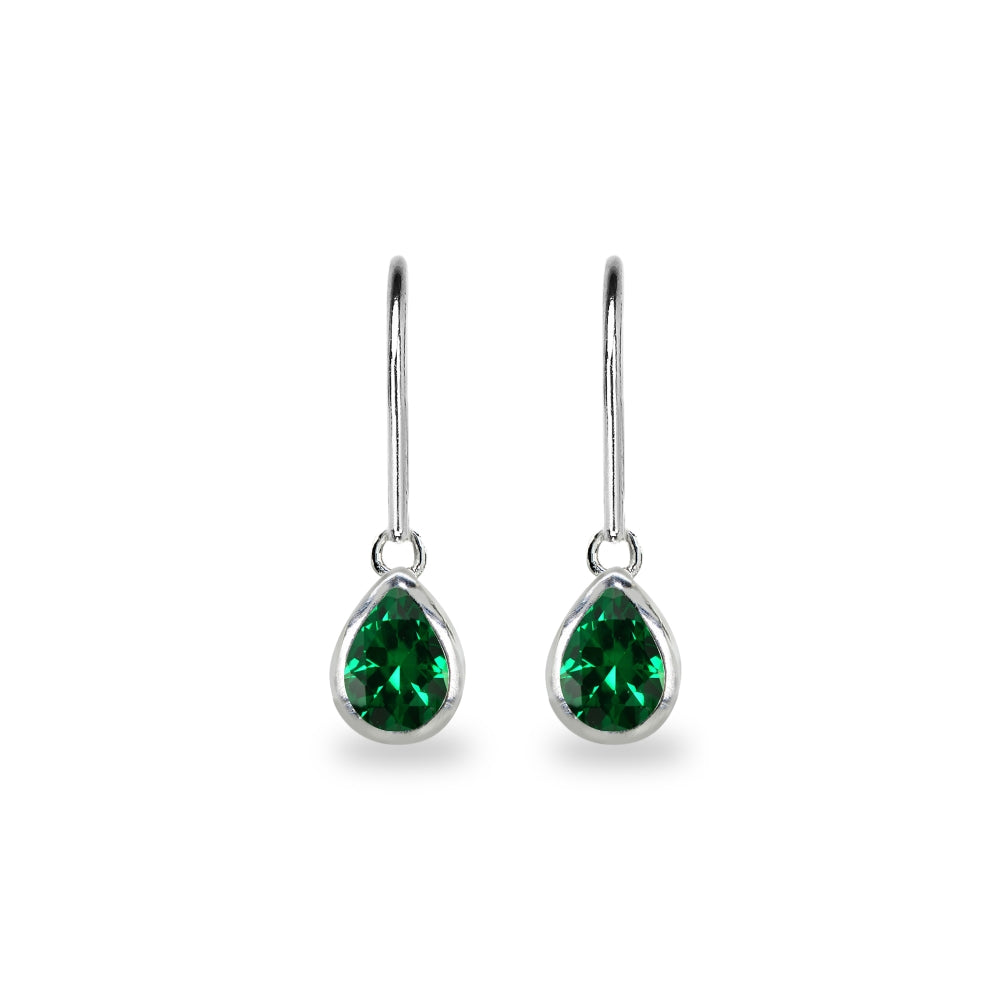 Sterling Silver Simulated Emerald 7x5mm Teardrop Bezel-Set Dainty Dangle Leverback Earrings-2