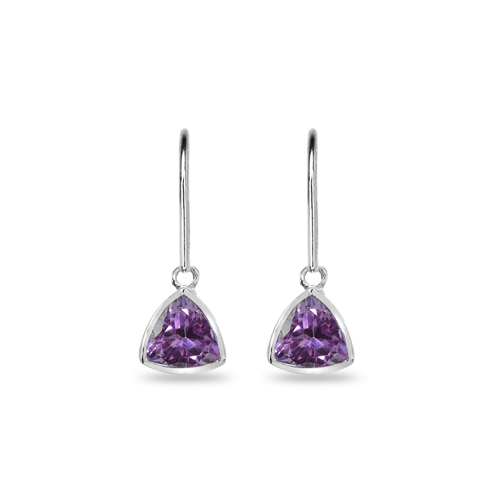 Sterling Silver Created Alexandrite 7mm Trillion Bezel-Set Dainty Dangle Leverback Earrings-2