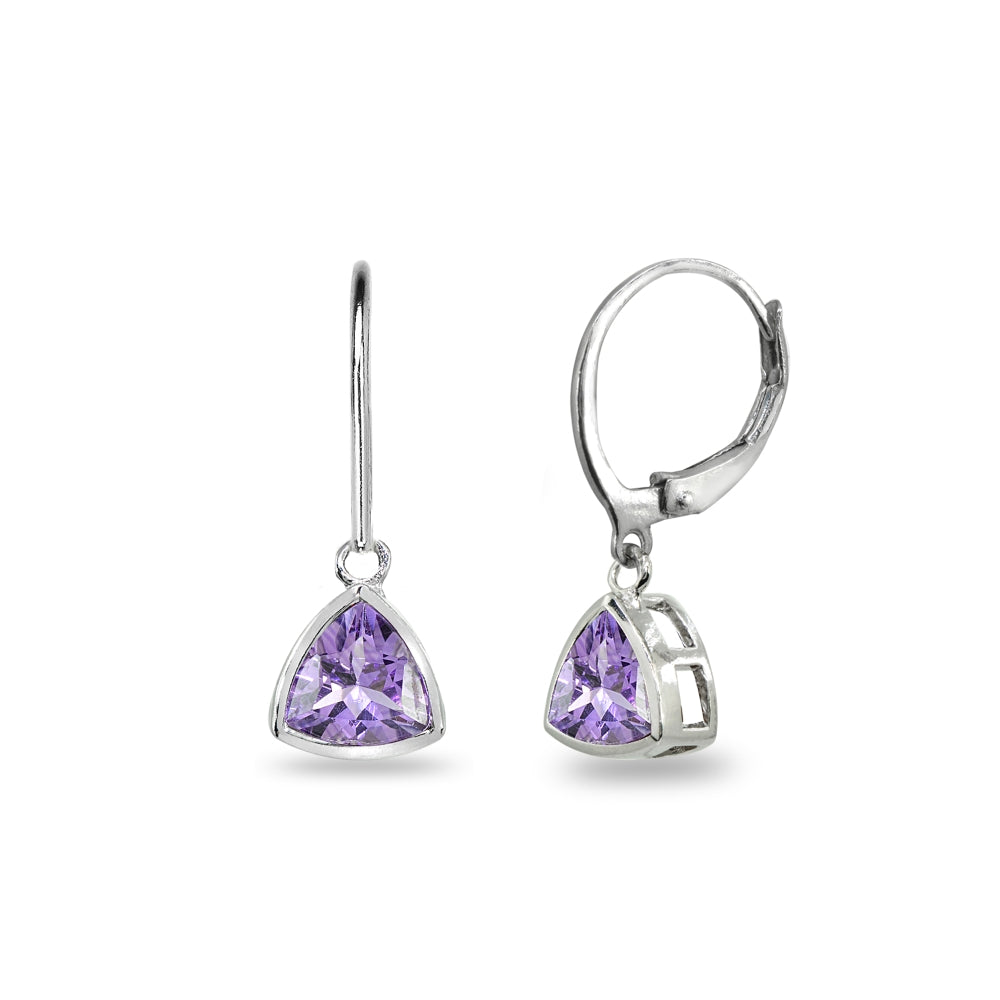 Sterling Silver Amethyst 7mm Trillion Bezel-Set Dainty Dangle Leverback Earrings