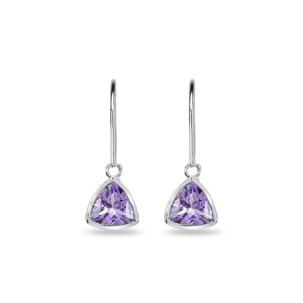 Sterling Silver Amethyst 7mm Trillion Bezel-Set Dainty Dangle Leverback Earrings-2