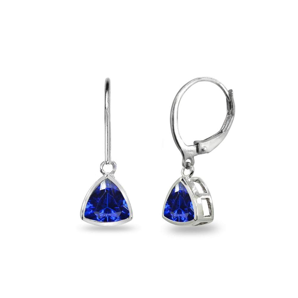 Sterling Silver Created Blue Sapphire 7mm Trillion Bezel-Set Dainty Dangle Leverback Earrings