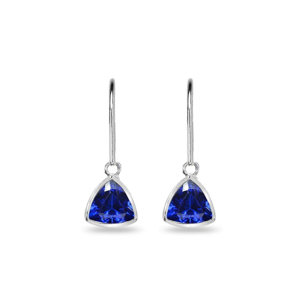 Sterling Silver Created Blue Sapphire 7mm Trillion Bezel-Set Dainty Dangle Leverback Earrings-2