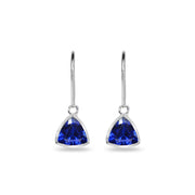 Sterling Silver Created Blue Sapphire 7mm Trillion Bezel-Set Dainty Dangle Leverback Earrings