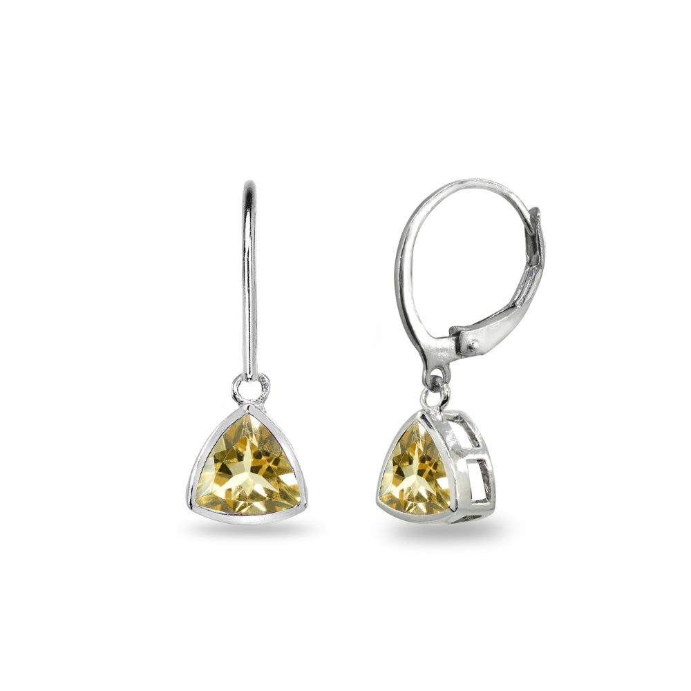 Sterling Silver Citrine 7mm Trillion Bezel-Set Dainty Dangle Leverback Earrings