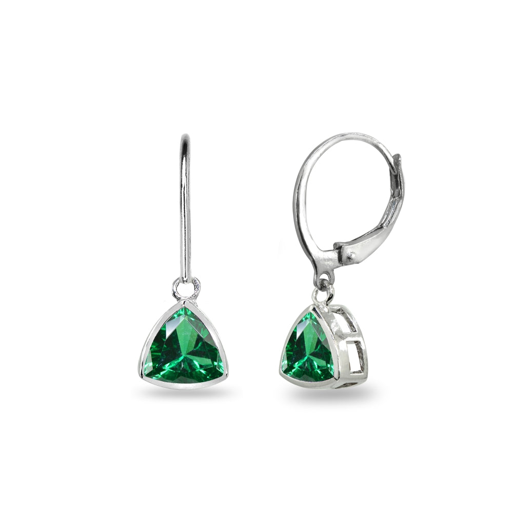 Sterling Silver Simulated Emerald 7mm Trillion Bezel-Set Dainty Dangle Leverback Earrings