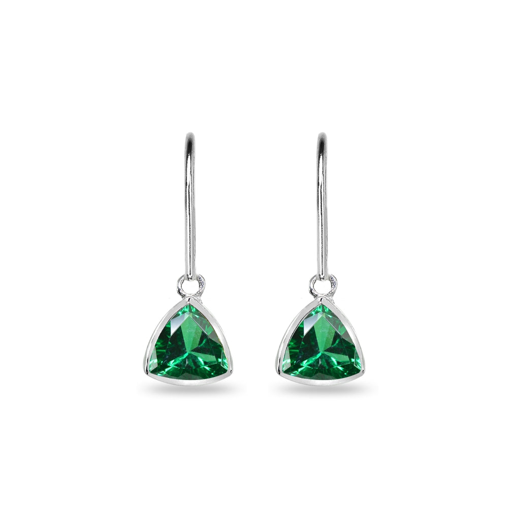 Sterling Silver Simulated Emerald 7mm Trillion Bezel-Set Dainty Dangle Leverback Earrings-2