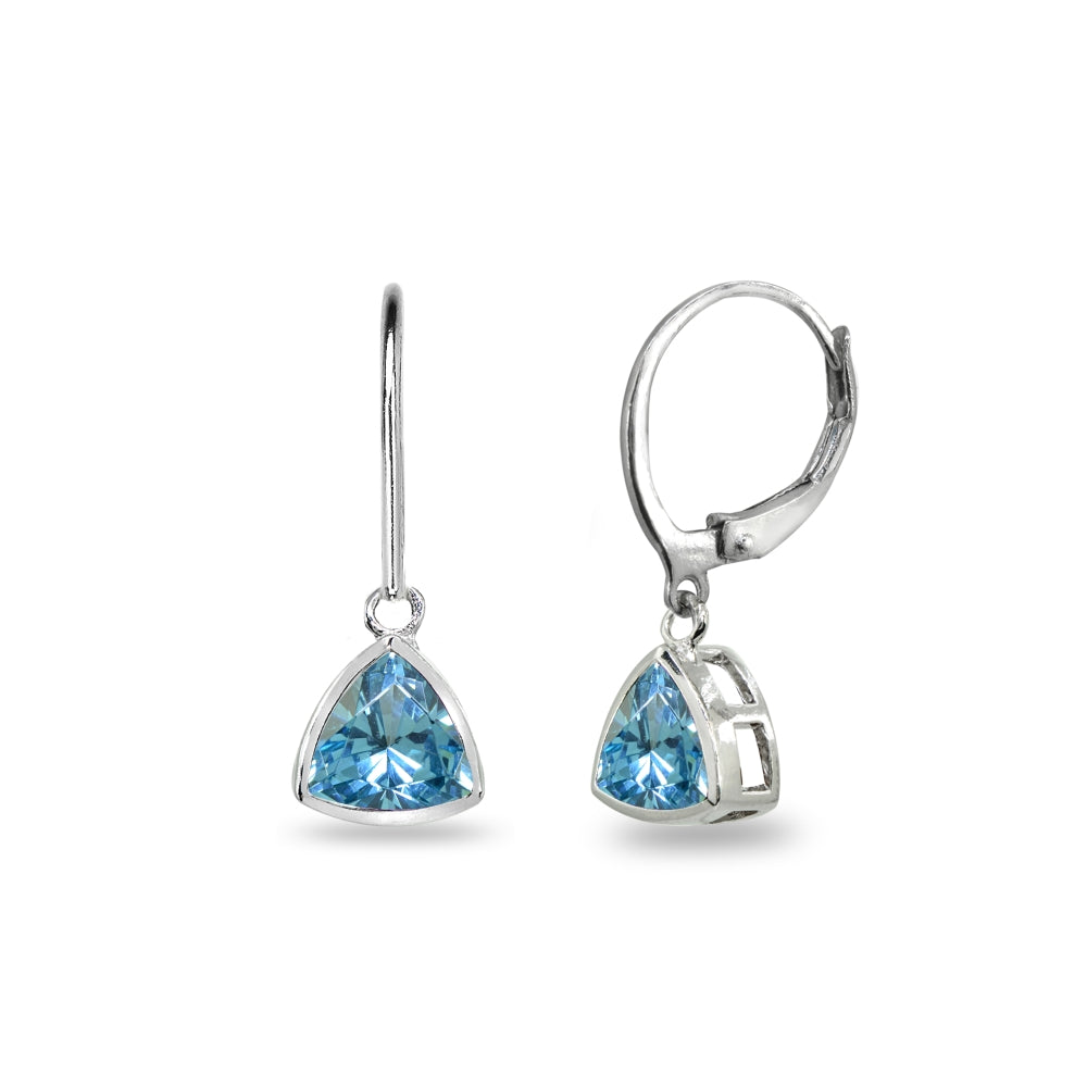 Sterling Silver Created Aquamarine 7mm Trillion Bezel-Set Dainty Dangle Leverback Earrings