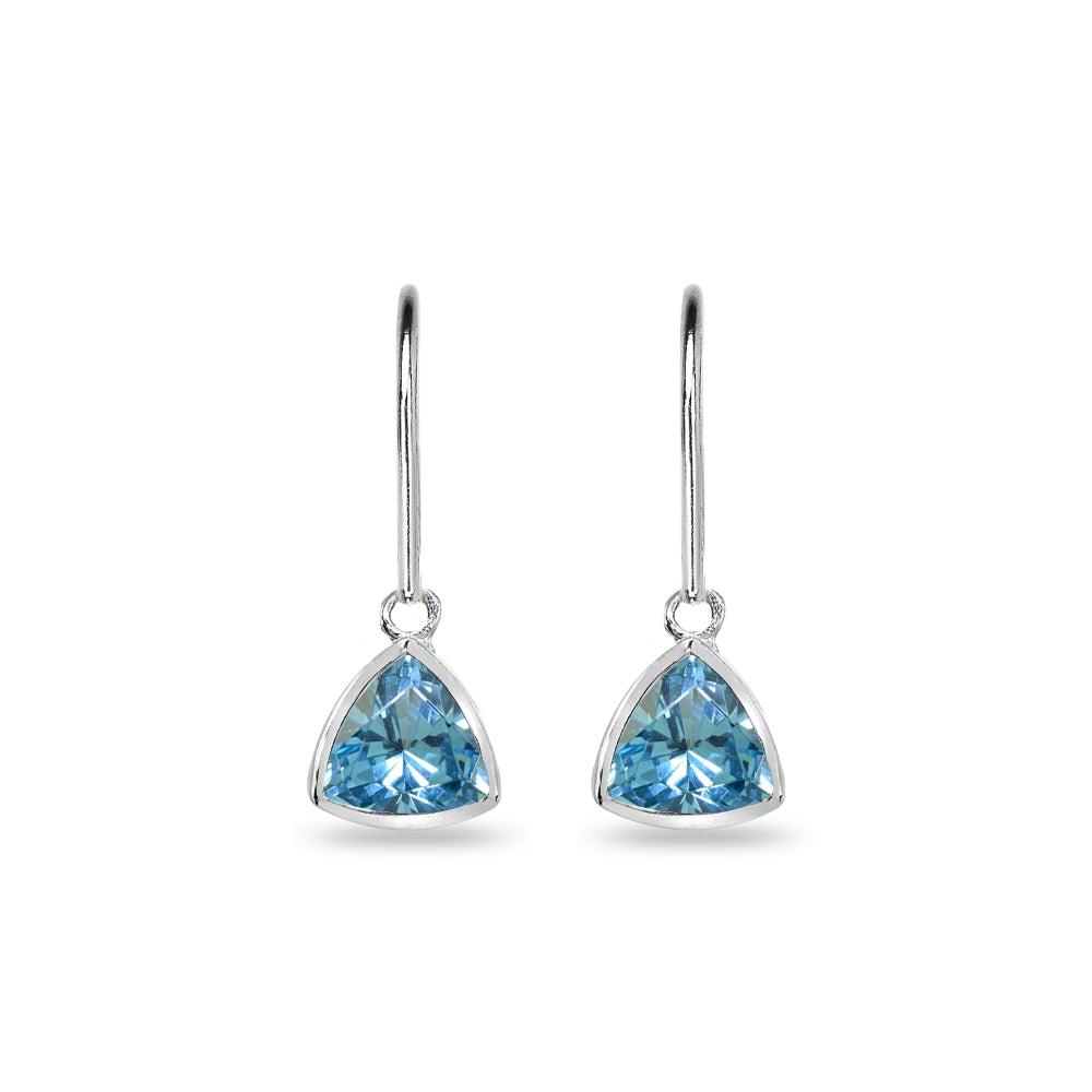 Sterling Silver Created Aquamarine 7mm Trillion Bezel-Set Dainty Dangle Leverback Earrings-2