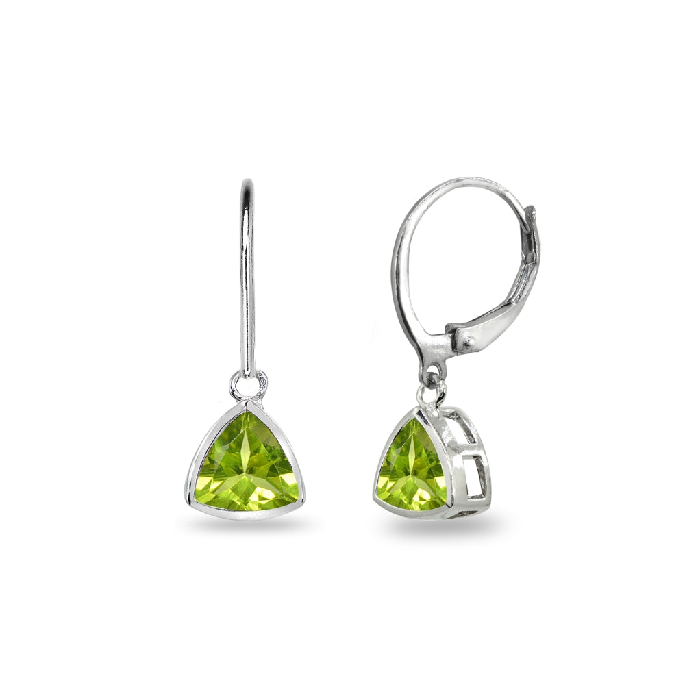 Sterling Silver Peridot 7mm Trillion Bezel-Set Dainty Dangle Leverback Earrings