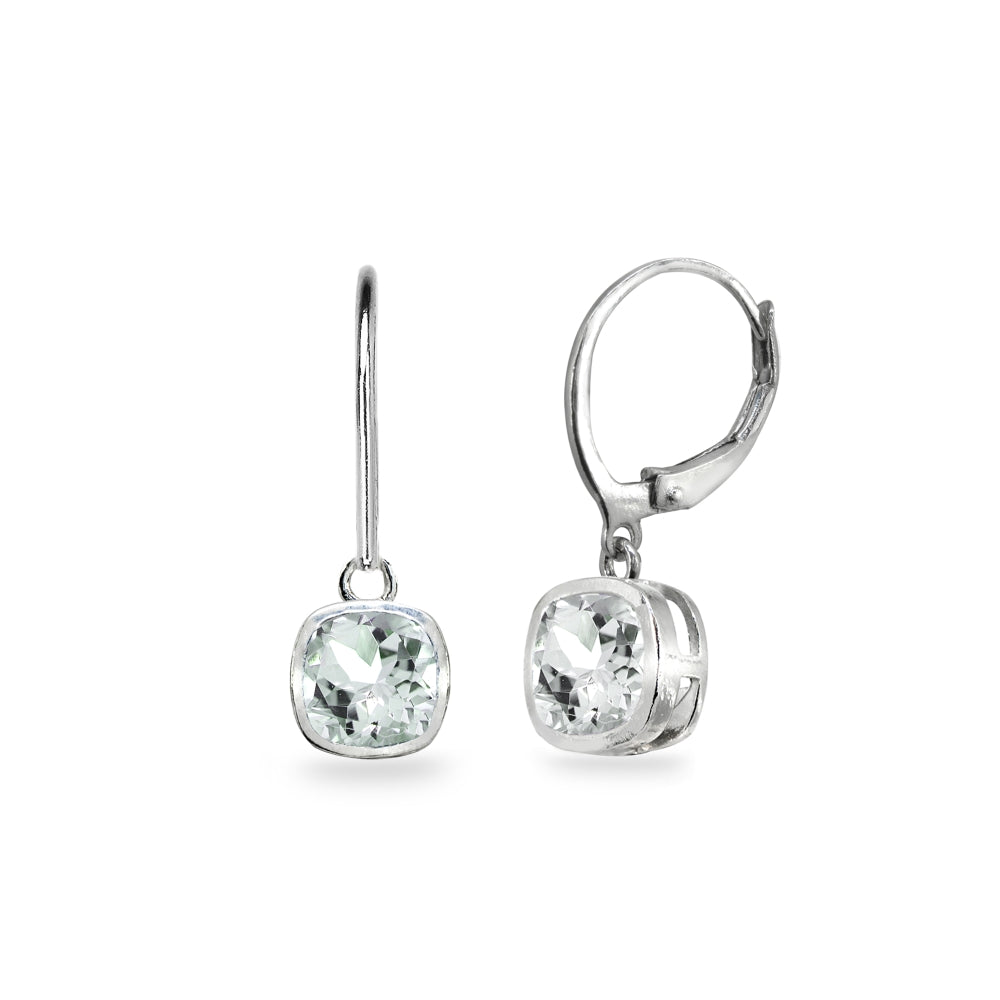 Sterling Silver Aquamarine 6mm Cushion-Cut Bezel-Set Dainty Dangle Leverback Earrings