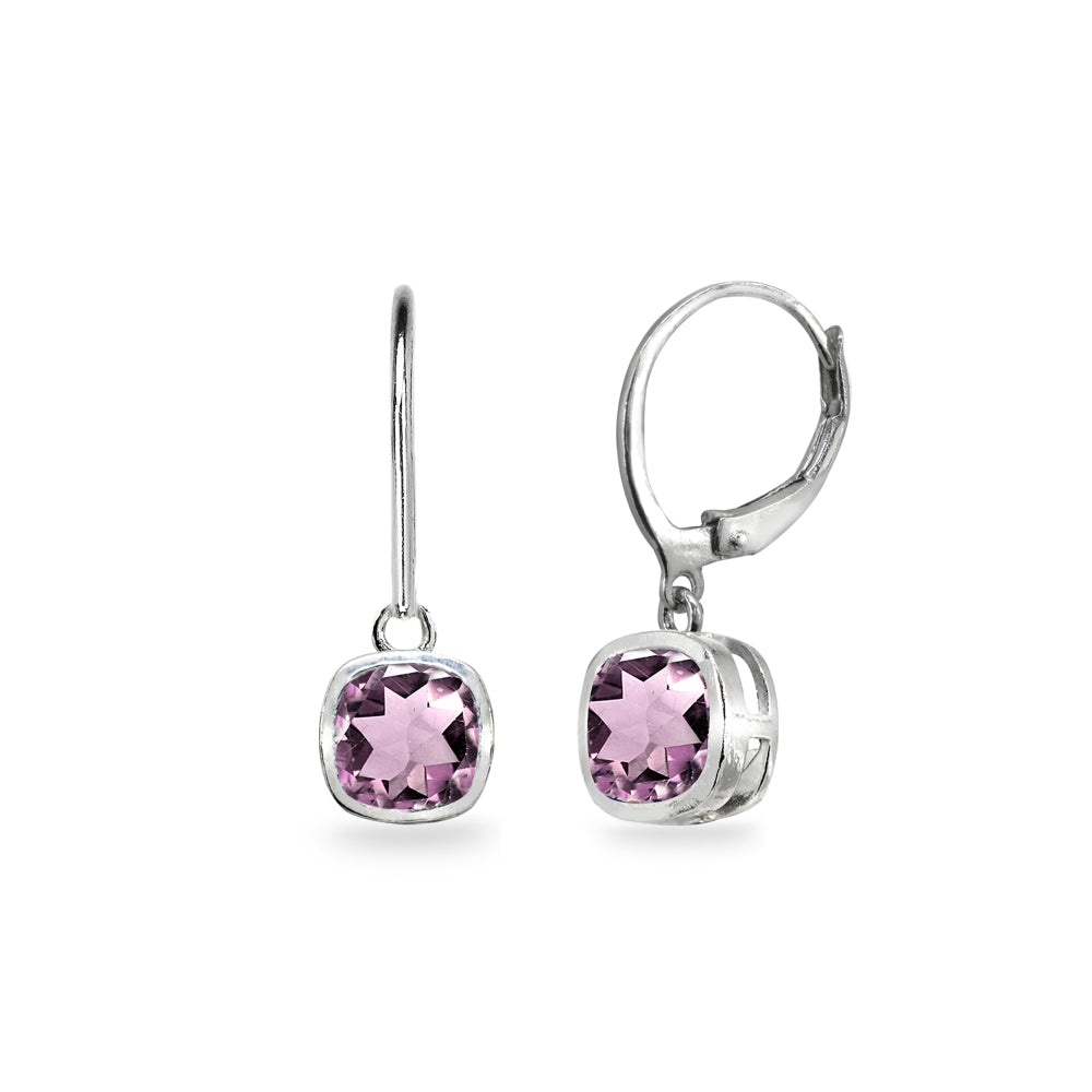 Sterling Silver Created Alexandrite 6mm Cushion-Cut Bezel-Set Dainty Dangle Leverback Earrings