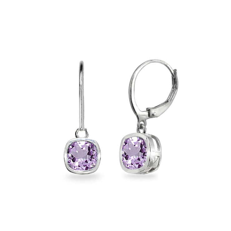 Sterling Silver Amethyst 6mm Cushion-Cut Bezel-Set Dainty Dangle Leverback Earrings