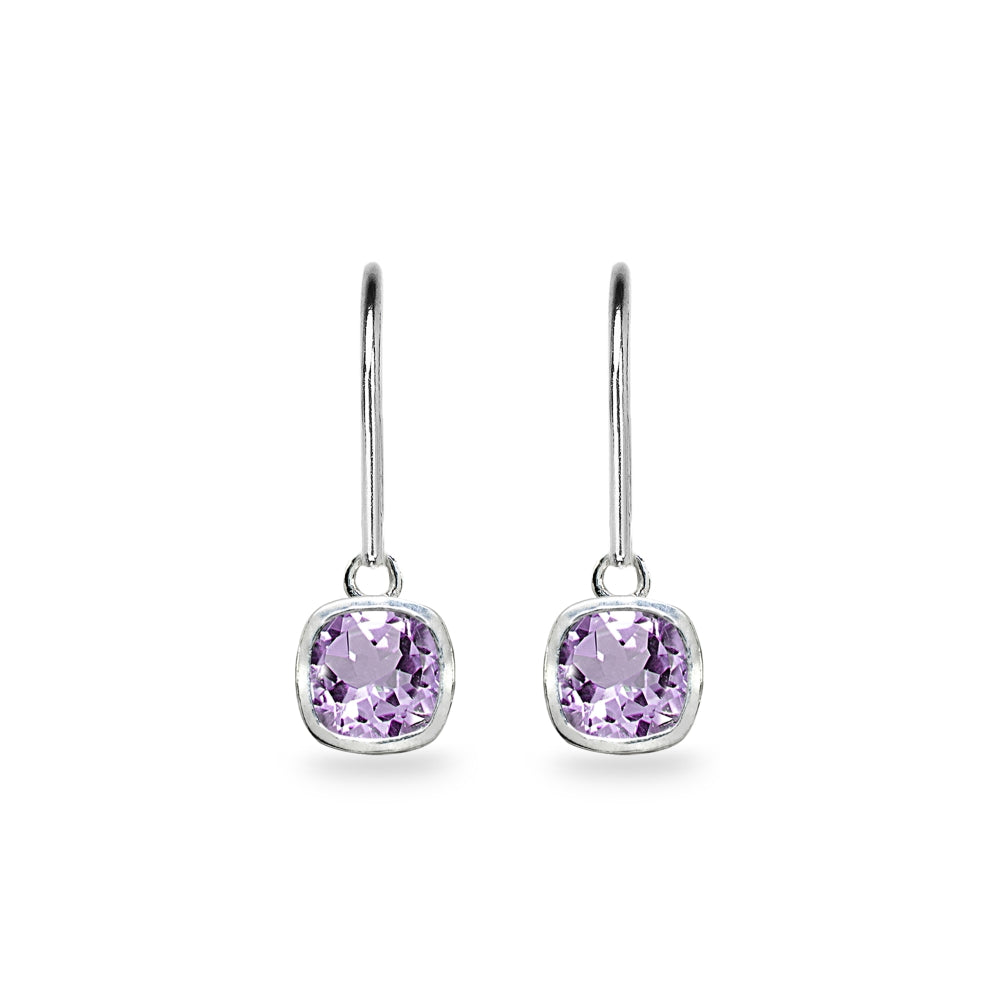 Sterling Silver Amethyst 6mm Cushion-Cut Bezel-Set Dainty Dangle Leverback Earrings-2