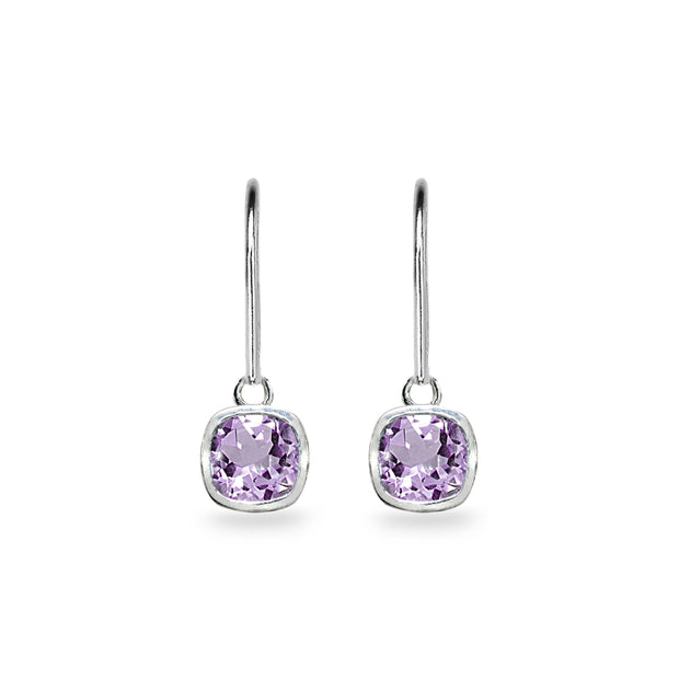 Sterling Silver Amethyst 6mm Cushion-Cut Bezel-Set Dainty Dangle Leverback Earrings