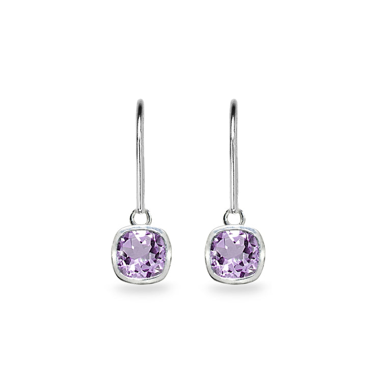 Sterling Silver Amethyst 6mm Cushion-Cut Bezel-Set Dainty Dangle Leverback Earrings