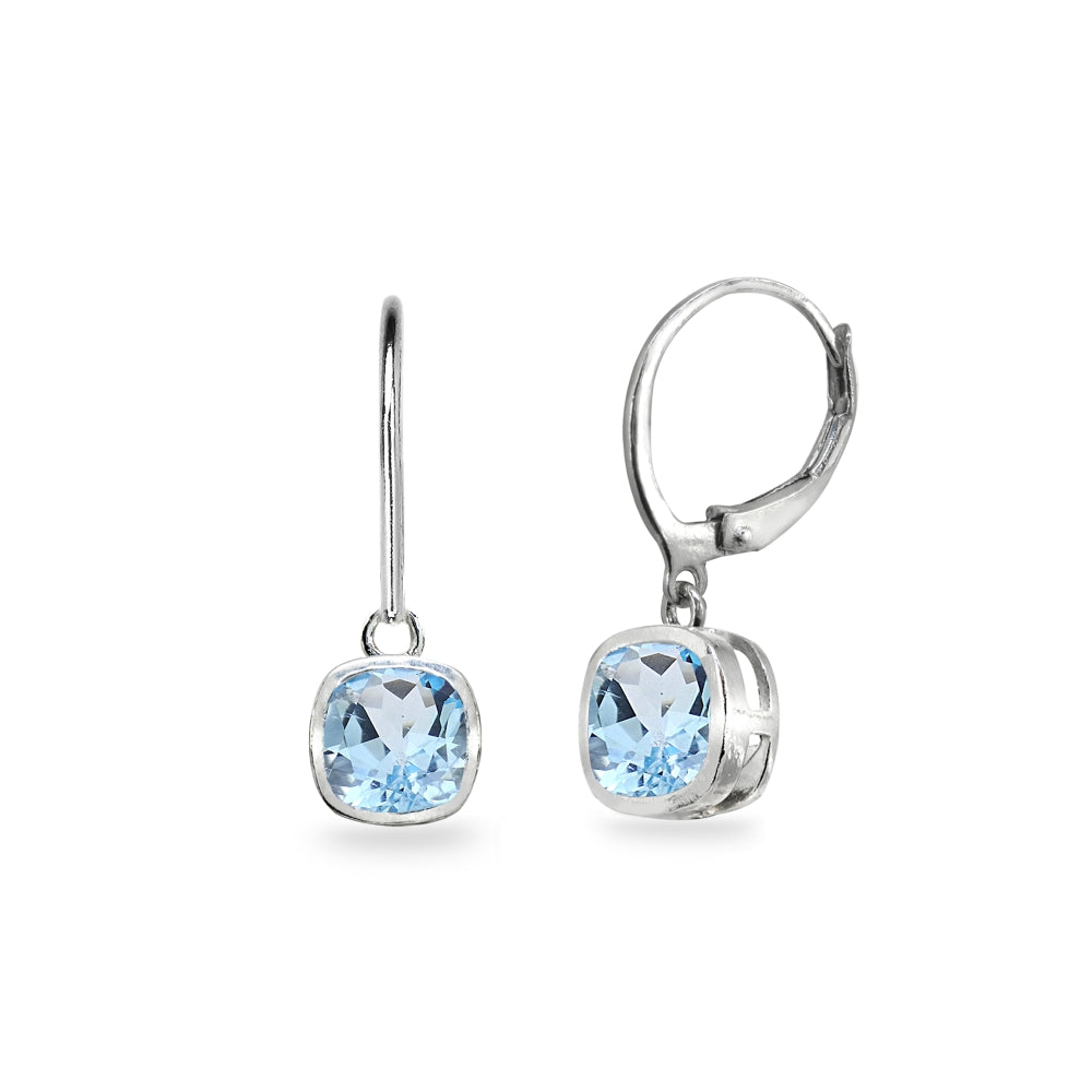 Sterling Silver Blue Topaz 6mm Cushion-Cut Bezel-Set Dainty Dangle Leverback Earrings