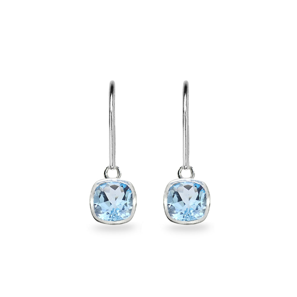 Sterling Silver Blue Topaz 6mm Cushion-Cut Bezel-Set Dainty Dangle Leverback Earrings-2