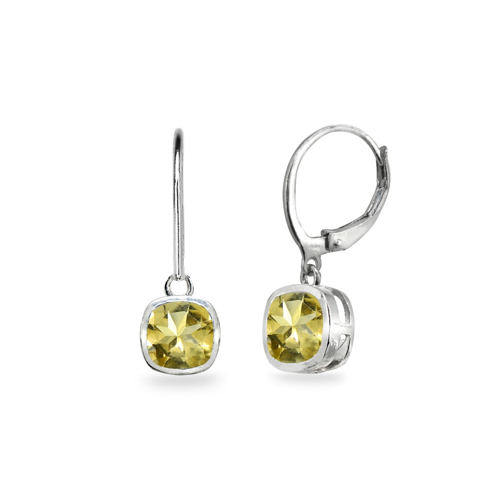 Sterling Silver Citrine 6mm Cushion-Cut Bezel-Set Dainty Dangle Leverback Earrings