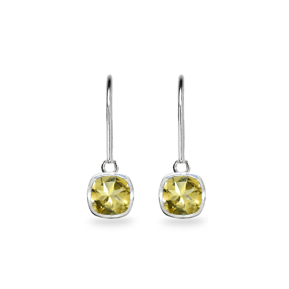Sterling Silver Citrine 6mm Cushion-Cut Bezel-Set Dainty Dangle Leverback Earrings-2