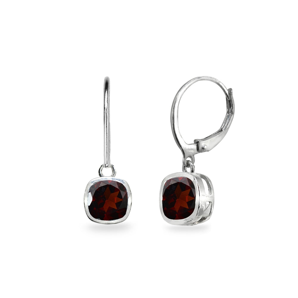 Sterling Silver Garnet 6mm Cushion-Cut Bezel-Set Dainty Dangle Leverback Earrings