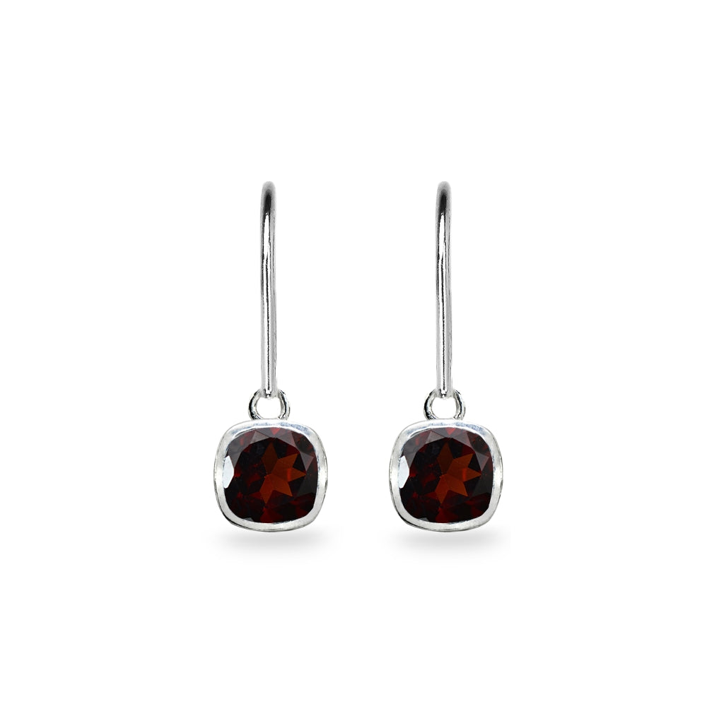 Sterling Silver Garnet 6mm Cushion-Cut Bezel-Set Dainty Dangle Leverback Earrings-2