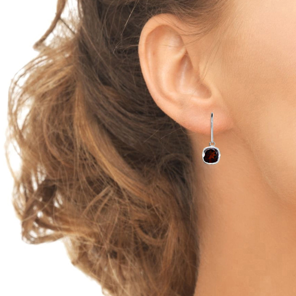 Sterling Silver Garnet 6mm Cushion-Cut Bezel-Set Dainty Dangle Leverback Earrings-3