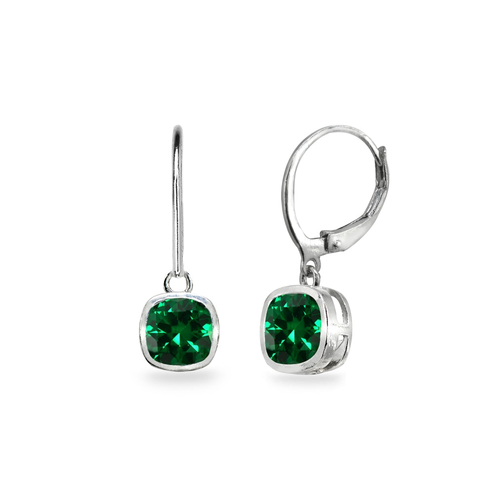 Sterling Silver Simulated Emerald 6mm Cushion-Cut Bezel-Set Dainty Dangle Leverback Earrings