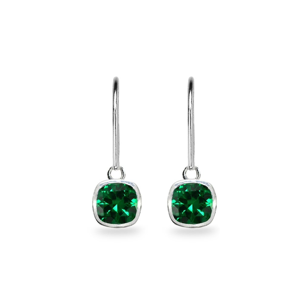 Sterling Silver Simulated Emerald 6mm Cushion-Cut Bezel-Set Dainty Dangle Leverback Earrings-2